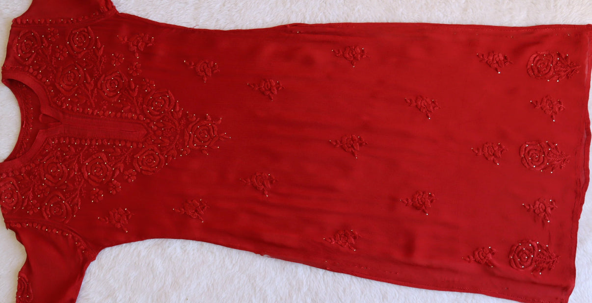 SANA RED PURE CHINOON CHIFFON LONG KURTA