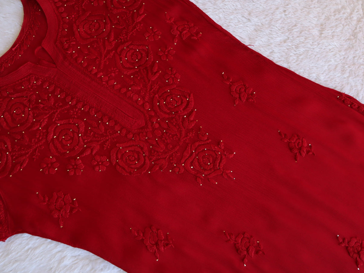 SANA RED PURE CHINOON CHIFFON LONG KURTA
