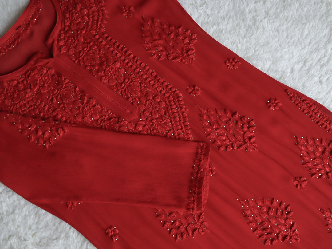 Liyaana Red Viscose Georgette Kurta