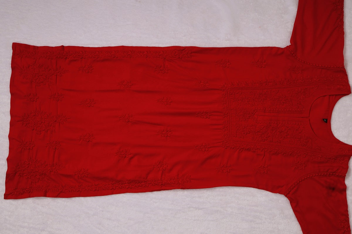 HAYA RED RAYON KURTA PANT SET
