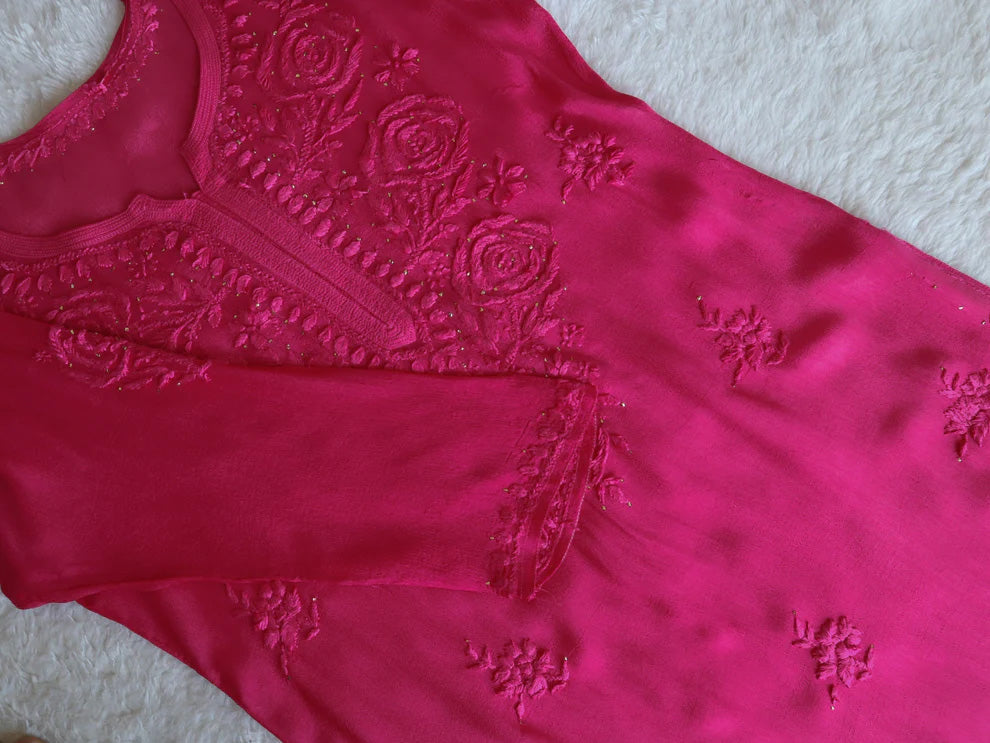 SANA RANI PINK PURE CHINOON CHIFFON LONG KURTA