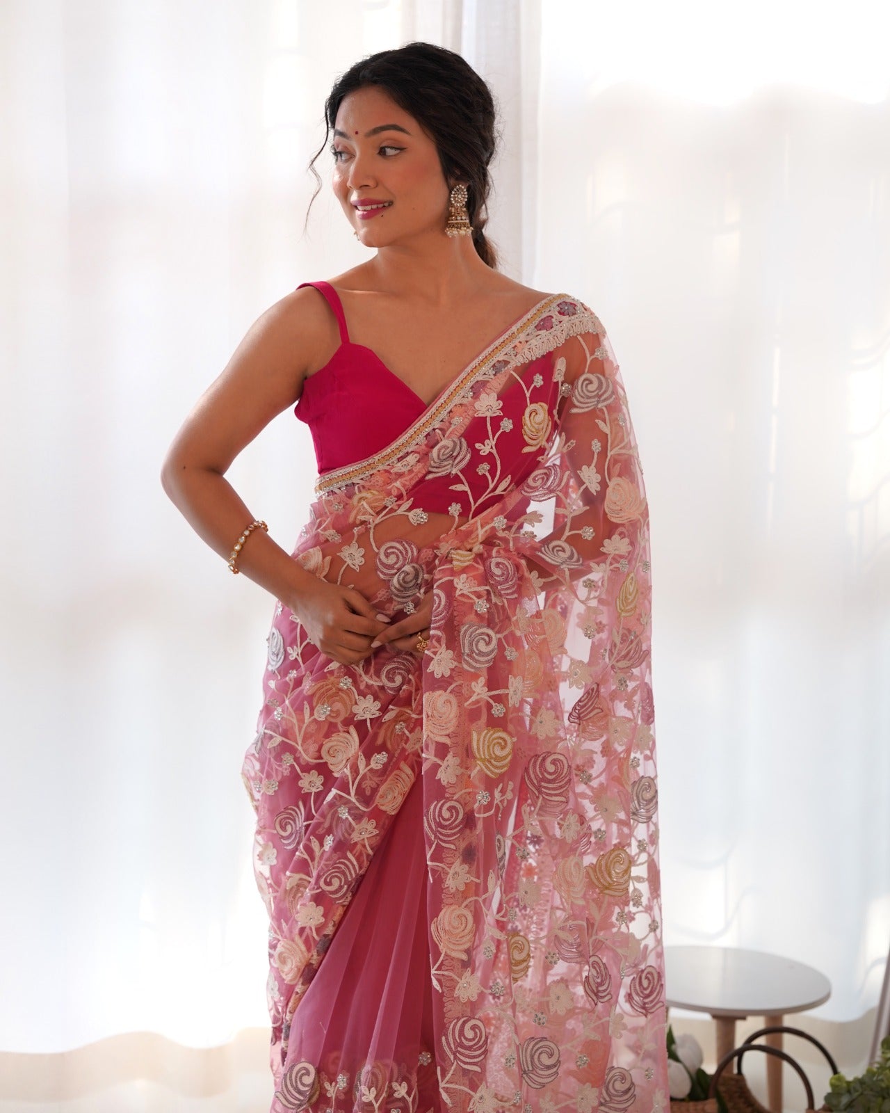 Gulabo Pink Butterfly Net Saree