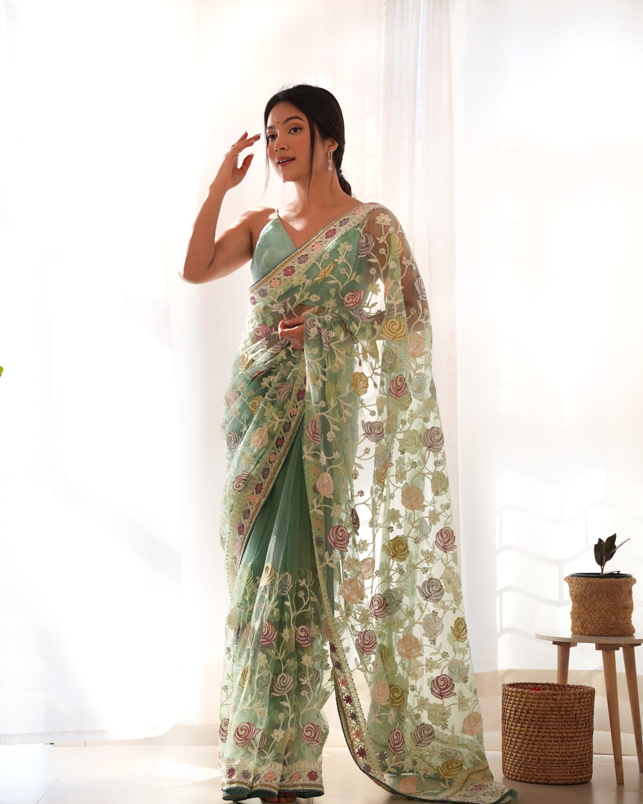 Gulabo Green Butterfly Net Saree