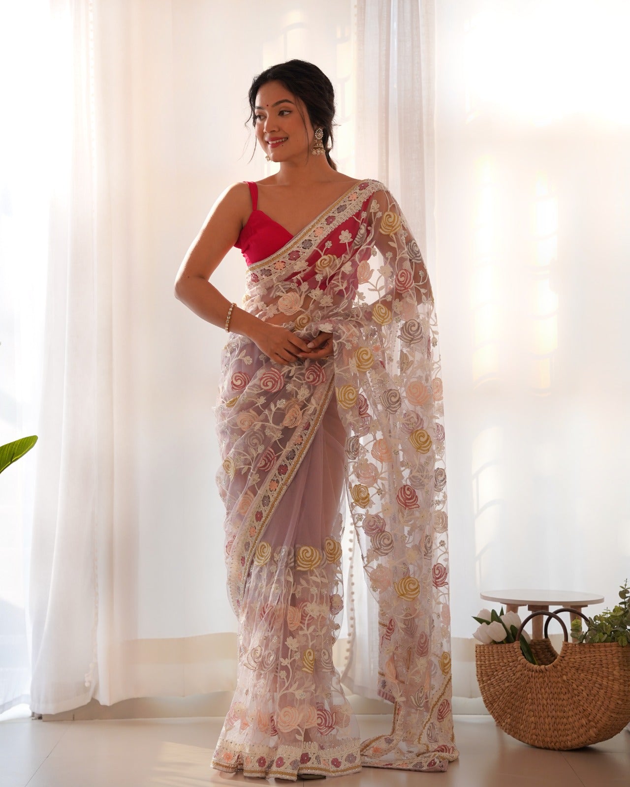 Gulabo Lilac Butterfly Net Saree