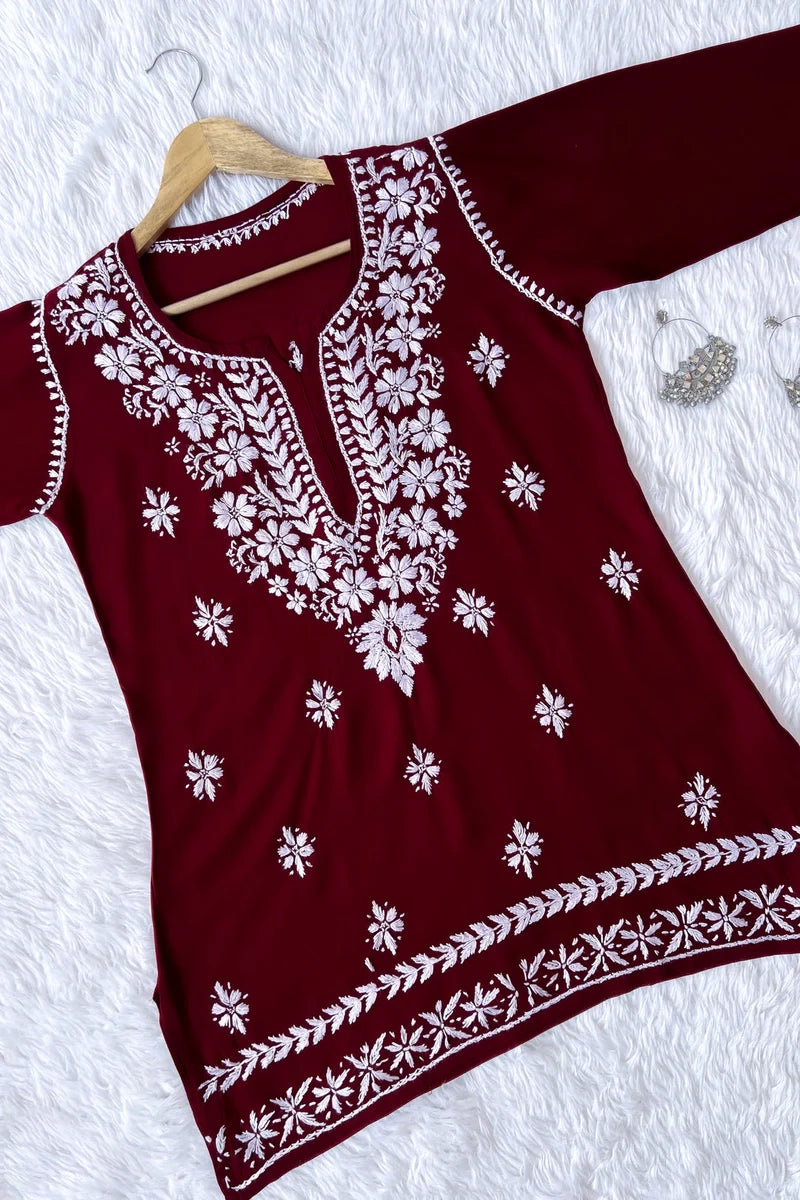 Ezra Maroon Chikankari Rayon Short Kurti