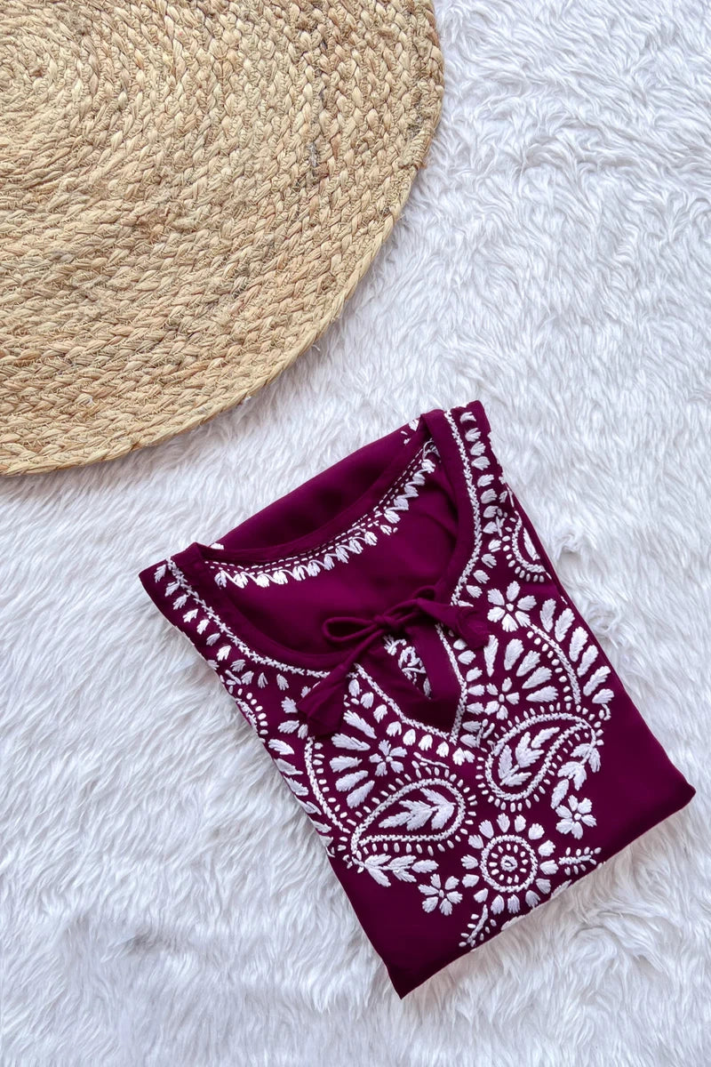 Wine Georgette Chikankari Embroidered Short Kurti