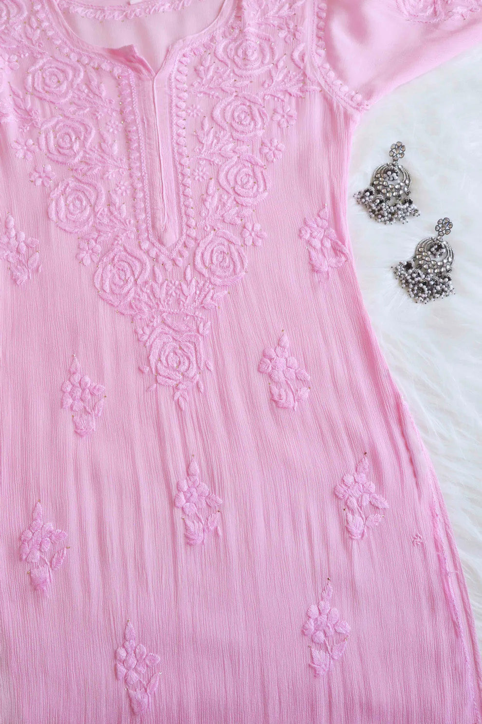 SANA BABY PINK PURE CHINOON CHIFFON LONG KURTA