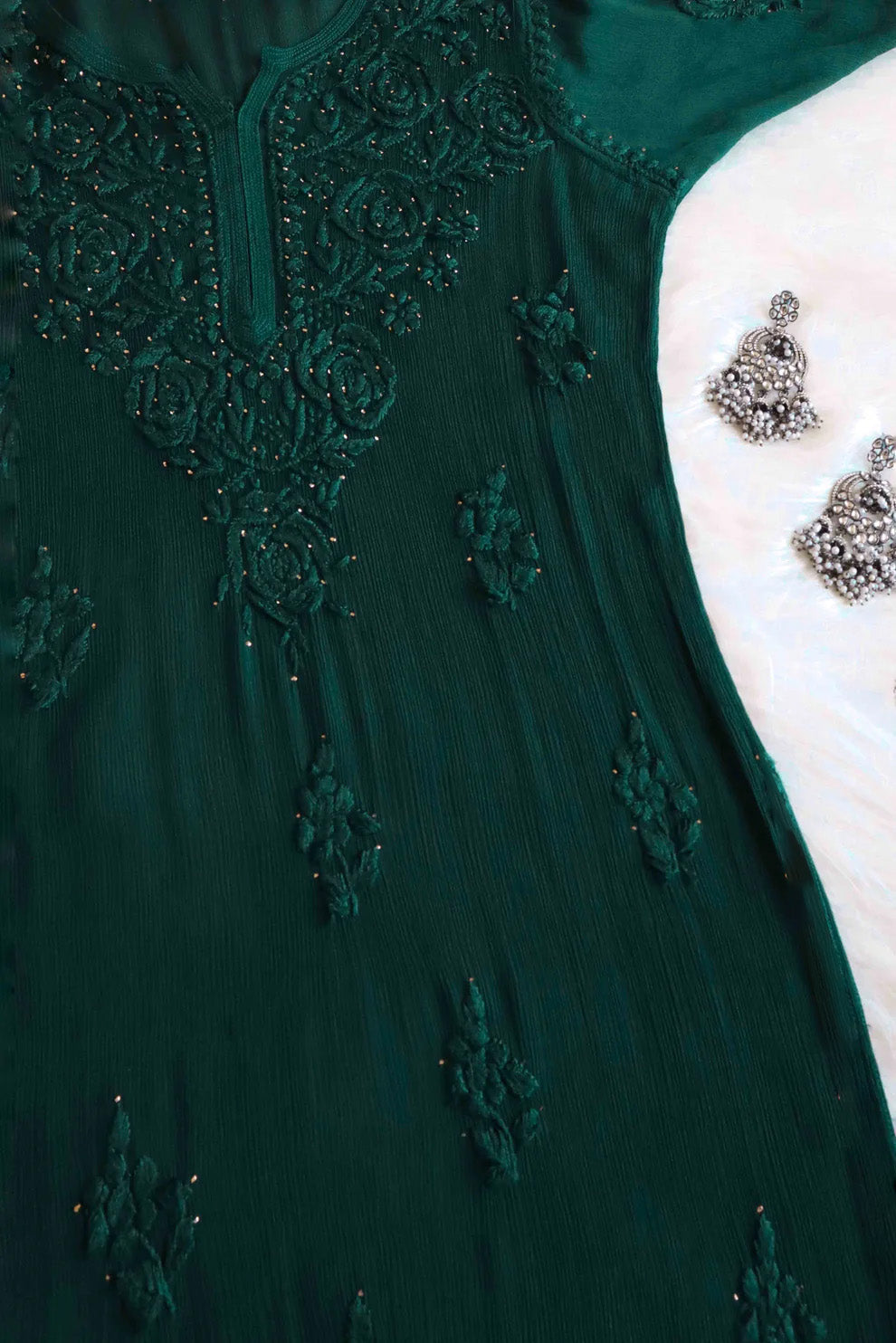 SANA BOTTLE GREEN PURE CHINOON CHIFFON LONG KURTA