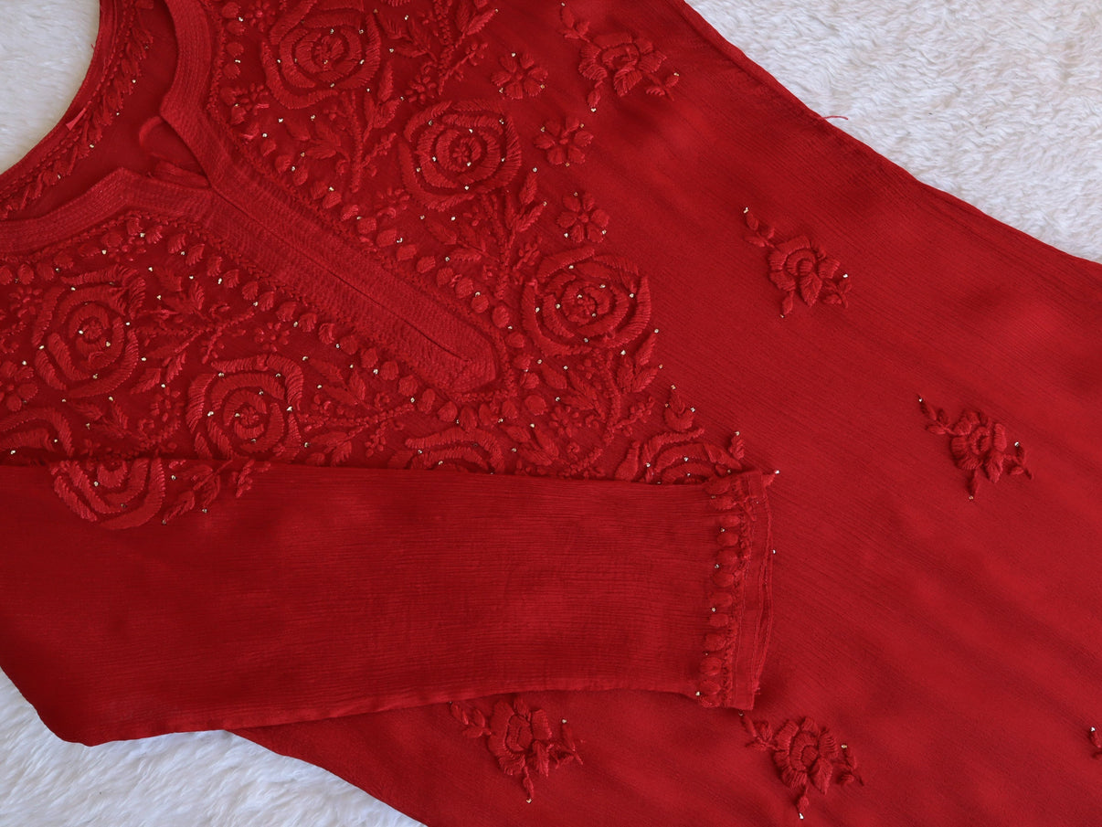 SANA RED PURE CHINOON CHIFFON LONG KURTA