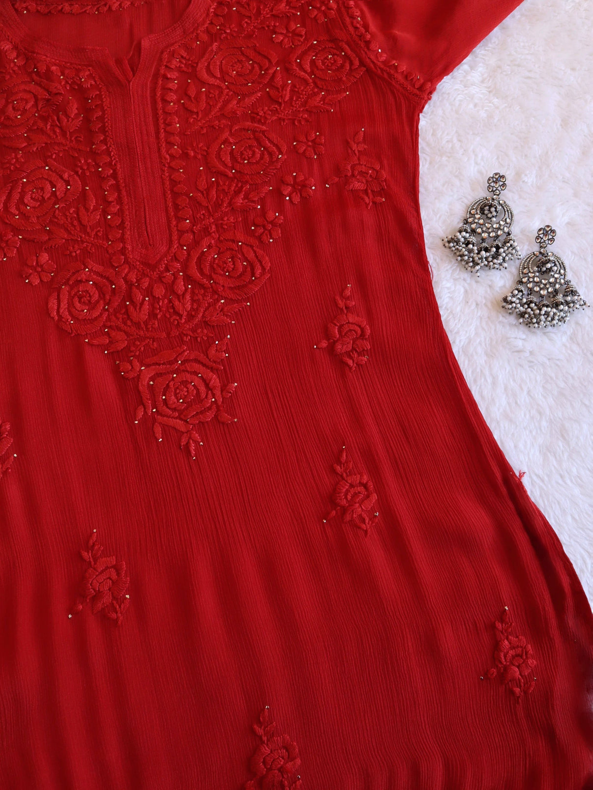 SANA RED PURE CHINOON CHIFFON LONG KURTA