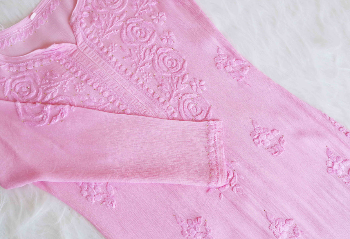 SANA BABY PINK PURE CHINOON CHIFFON LONG KURTA