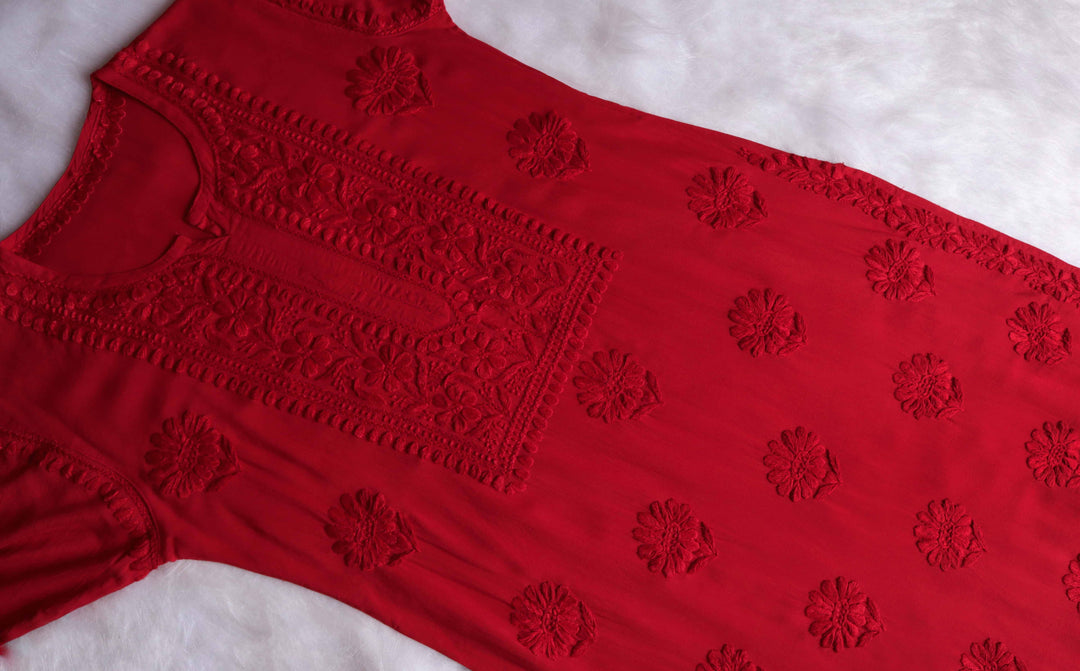 HOOR RED RAYON KURTA PANT SET