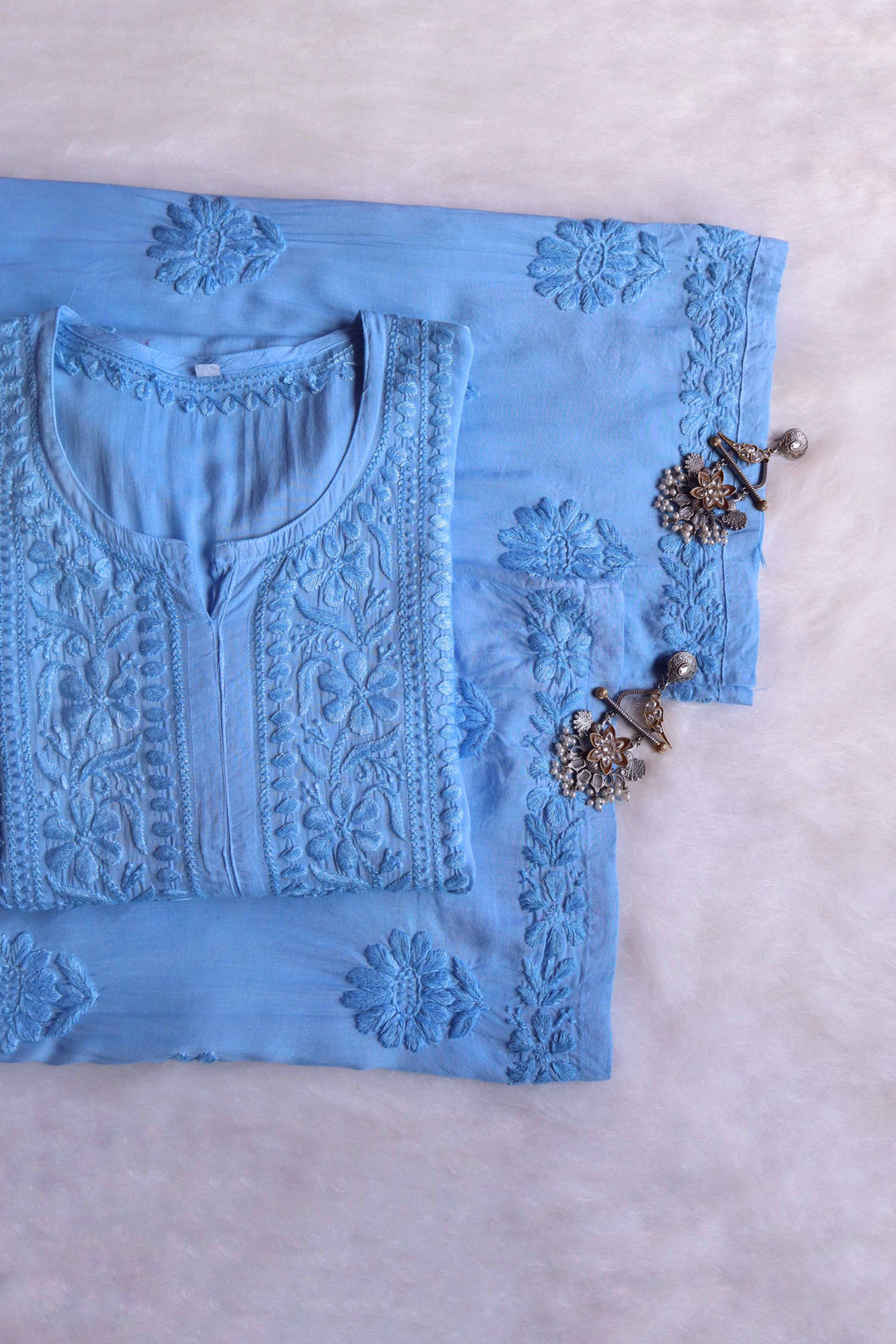 HOOR ICE BLUE RAYON KURTA PANT SET
