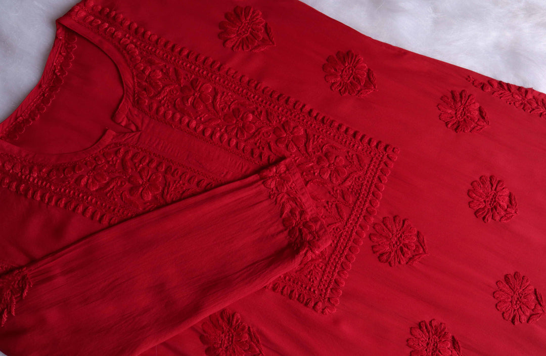 HOOR RED RAYON KURTA PANT SET