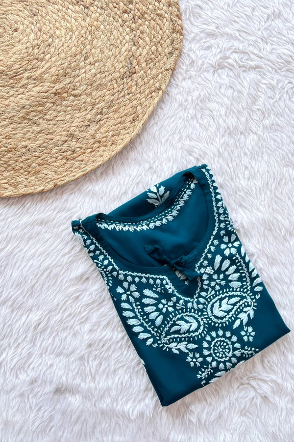 Inara Teal Blue Chikankari Rayon Short Kurti