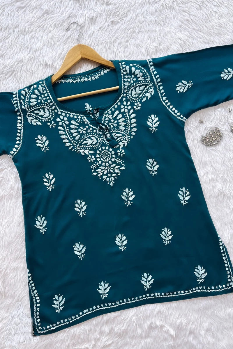 Inara Teal Blue Chikankari Rayon Short Kurti