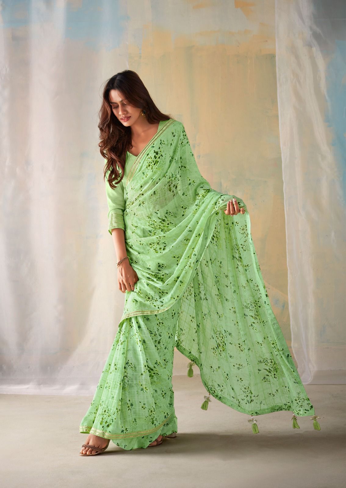 Ekaara Georgette Print Light Green Saree