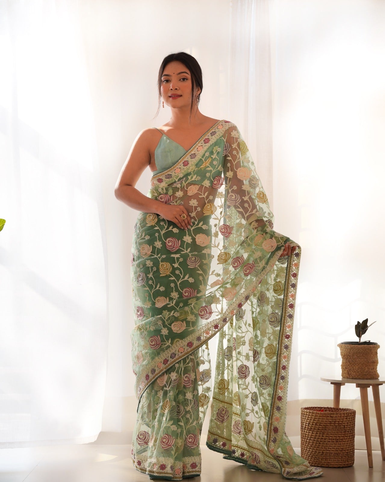 Gulabo Green Butterfly Net Saree