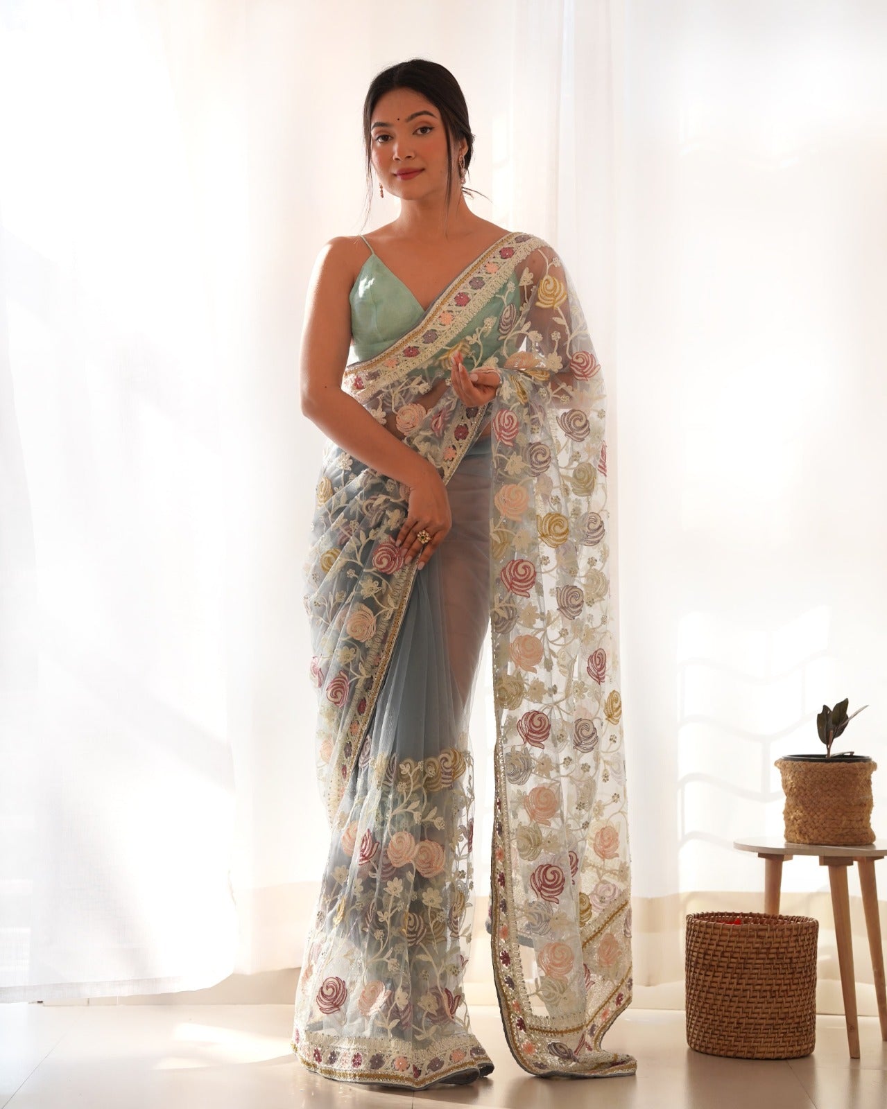 Gulabo Pastel Blue Butterfly Net Saree