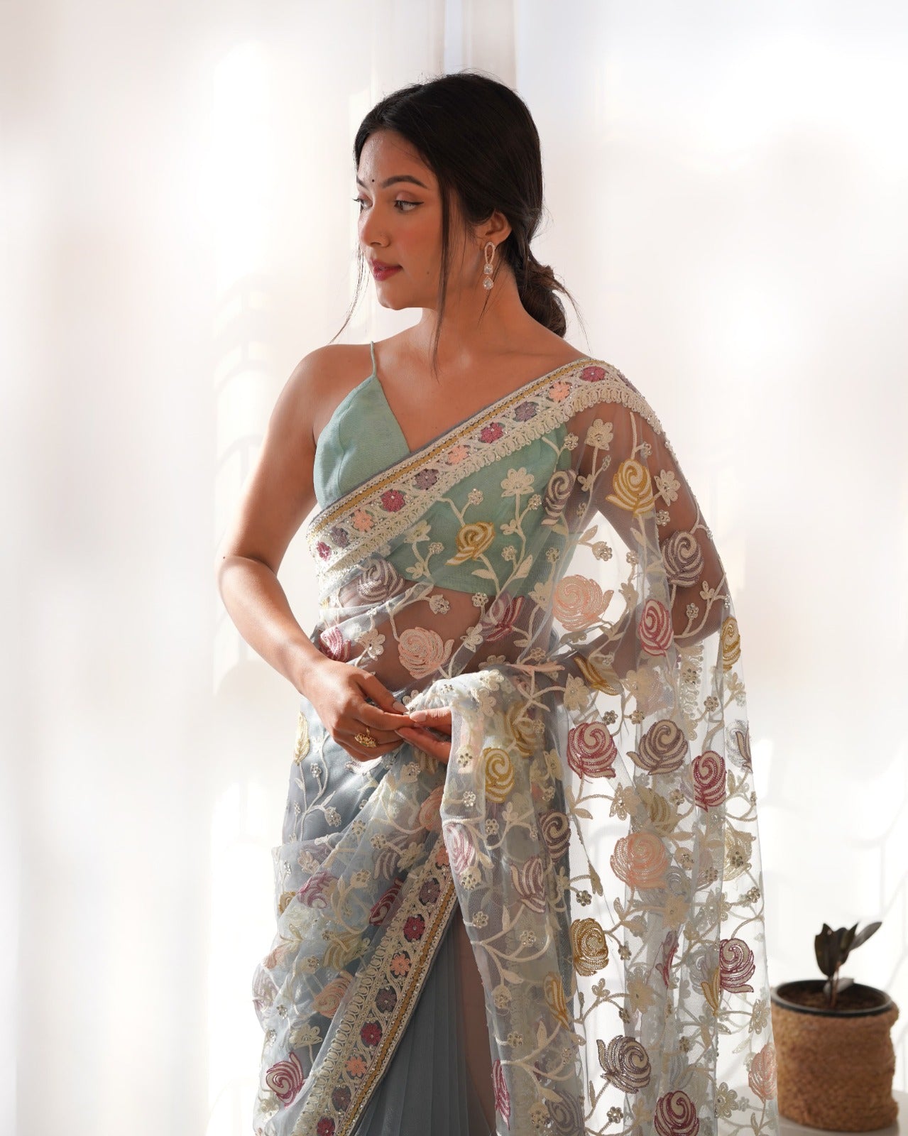 Gulabo Pastel Blue Butterfly Net Saree