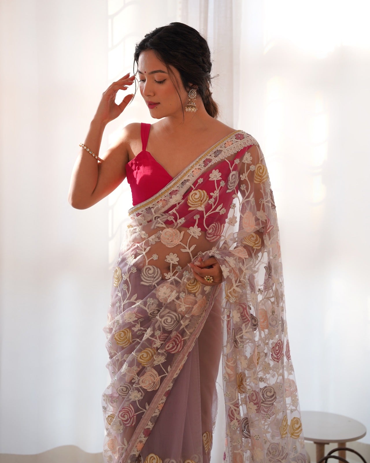 Gulabo Lilac Butterfly Net Saree