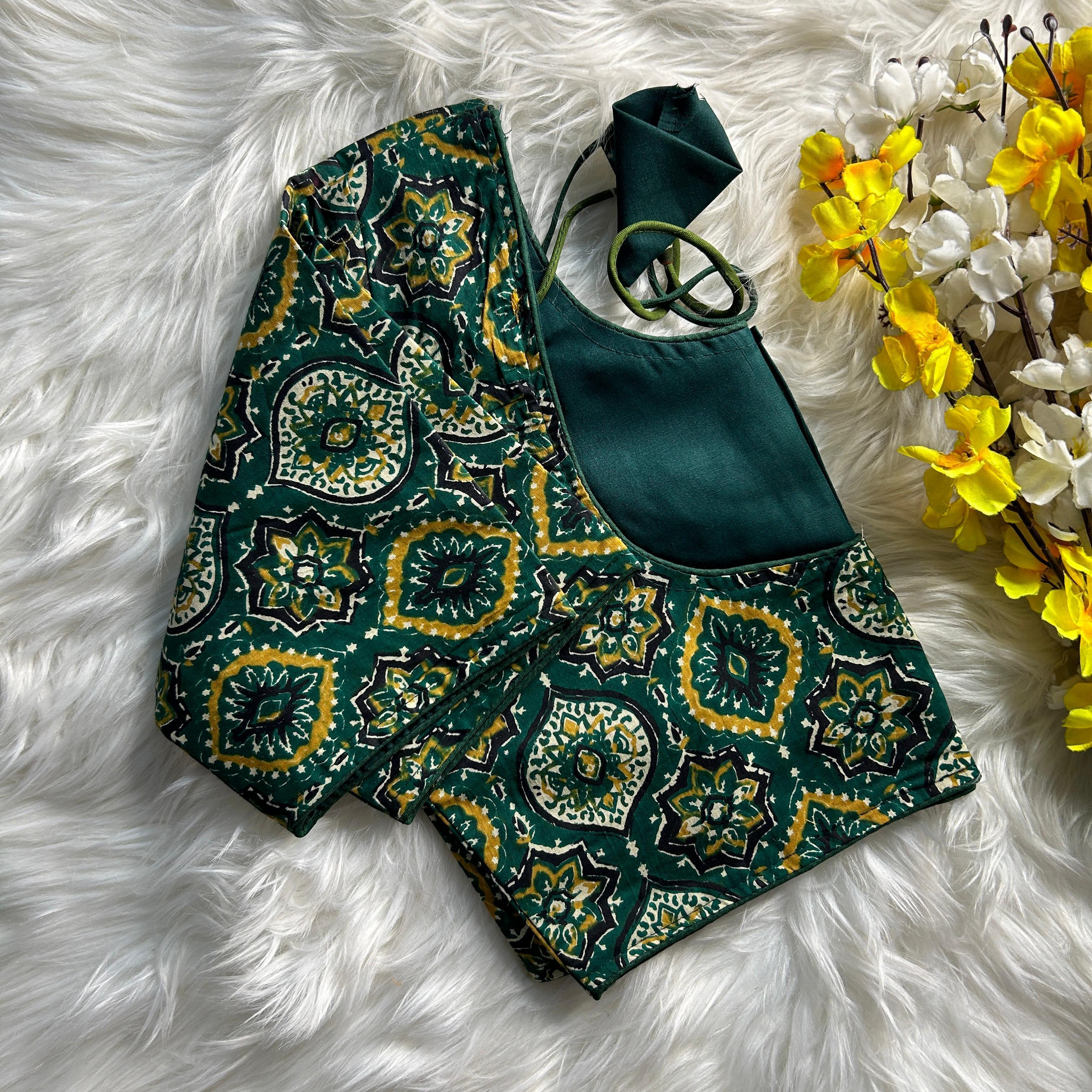 Dark Green Ajrakh Print Cotton Blouse