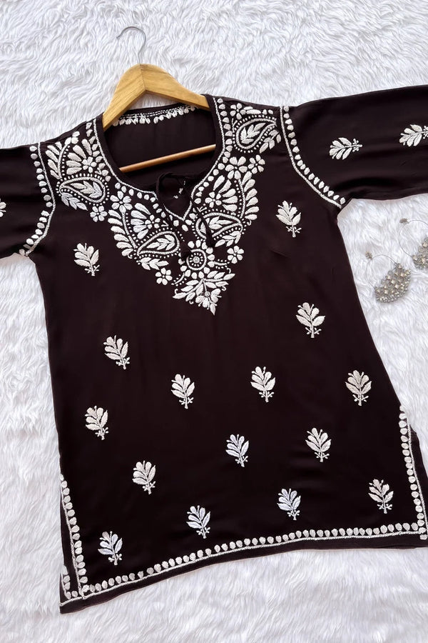 Inara Brown Chikankari Rayon Short Kurti