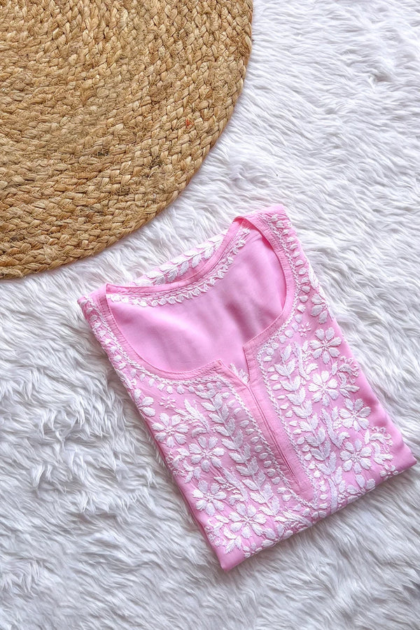 Ezra Baby Pink Chikankari Rayon Short Kurti