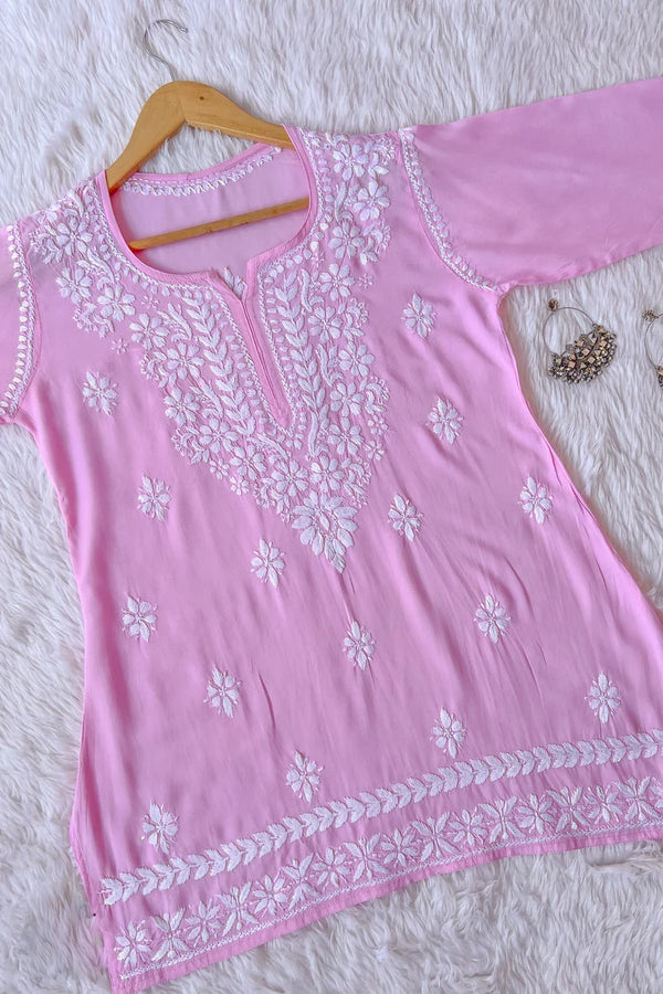 Ezra Baby Pink Chikankari Rayon Short Kurti