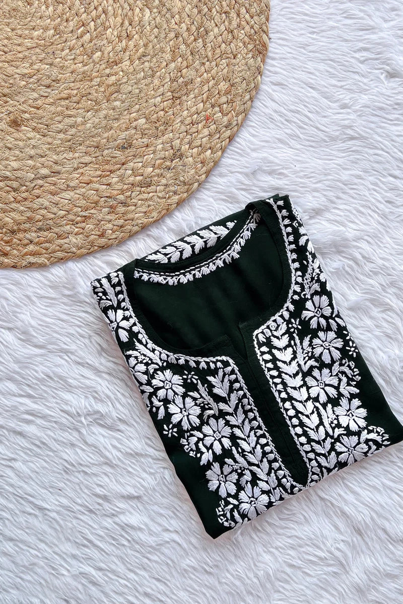 Ezra Bottle Green Chikankari Rayon Short Kurti