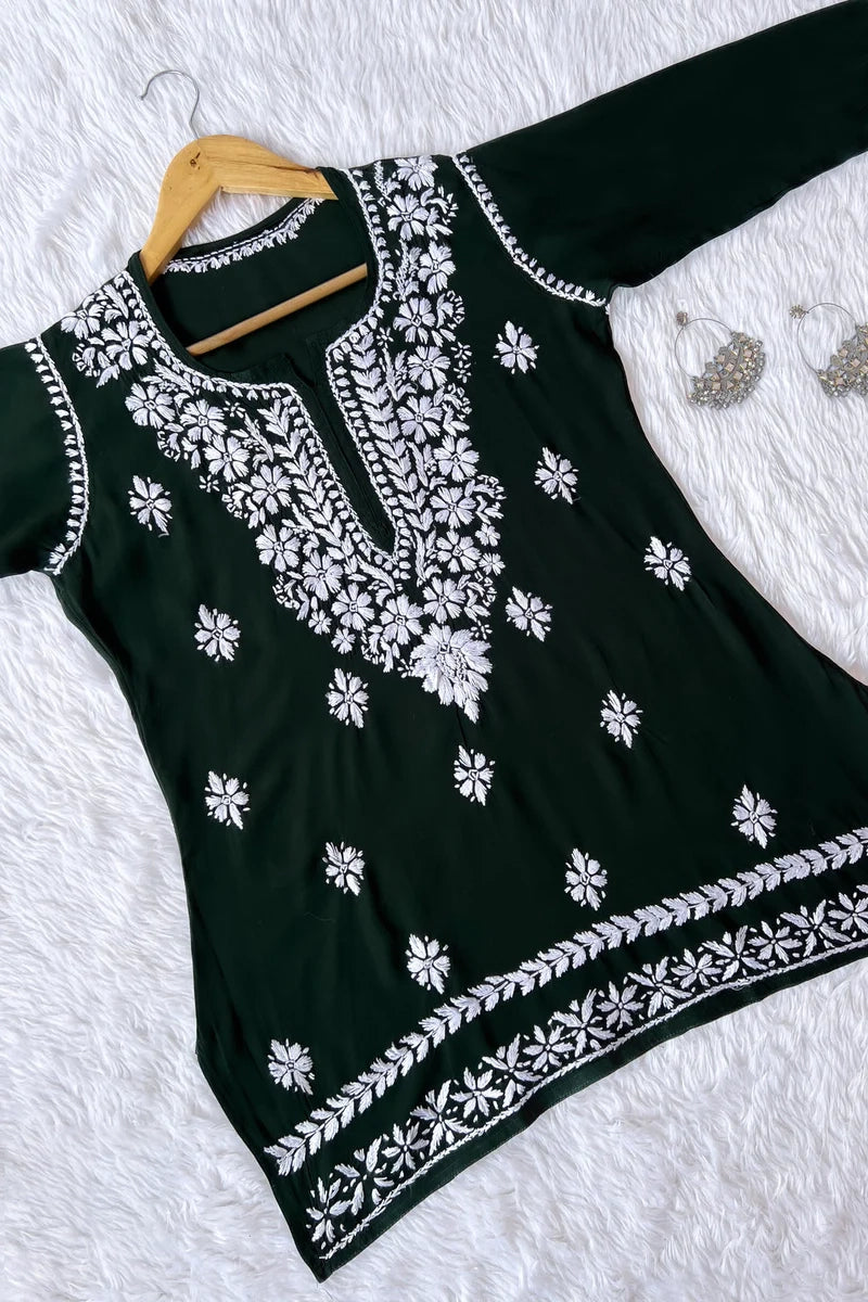 Ezra Bottle Green Chikankari Rayon Short Kurti