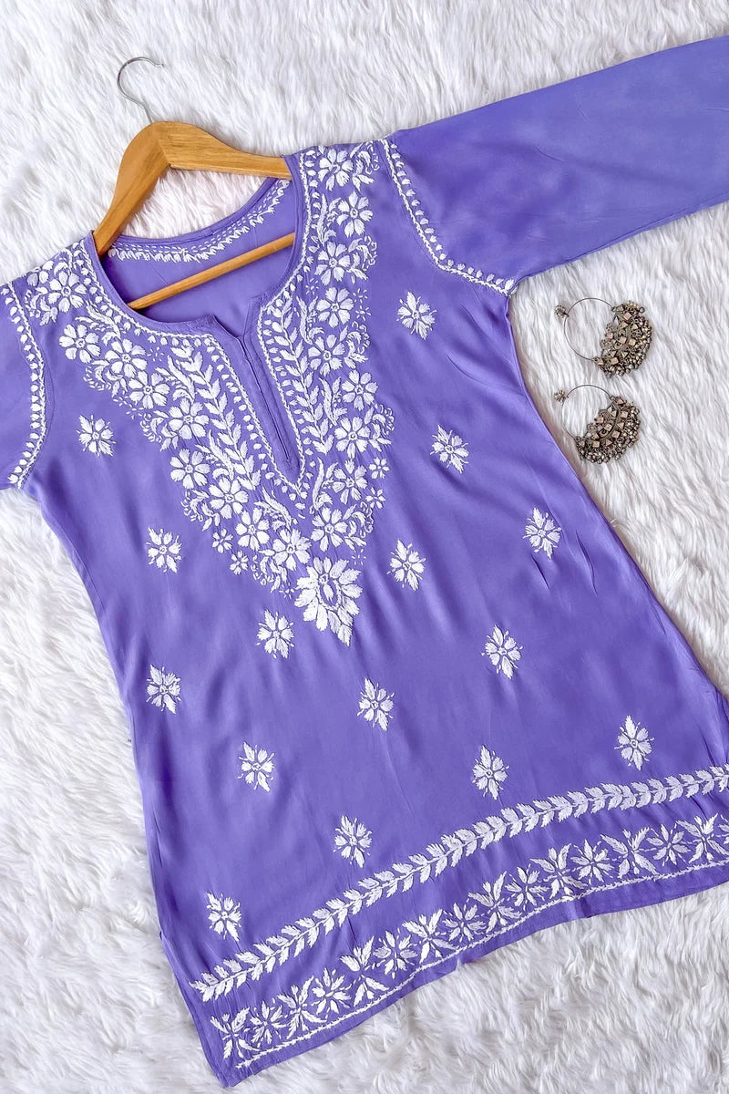 Ezra Lavender Chikankari Rayon Short Kurti