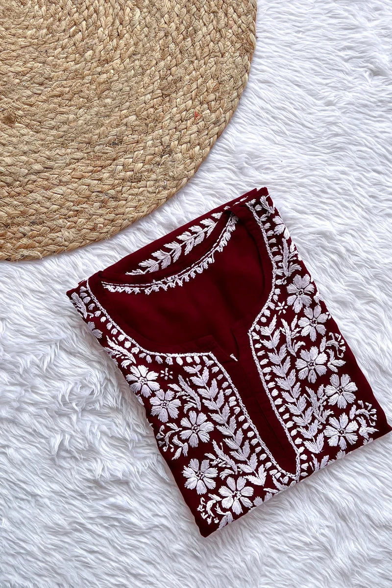 Ezra Maroon Chikankari Rayon Short Kurti