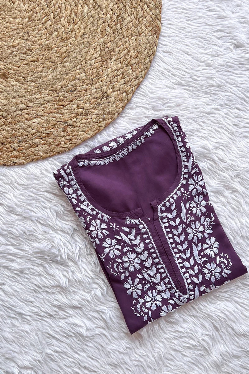 Ezra Mauve Chikankari Rayon Short Kurti