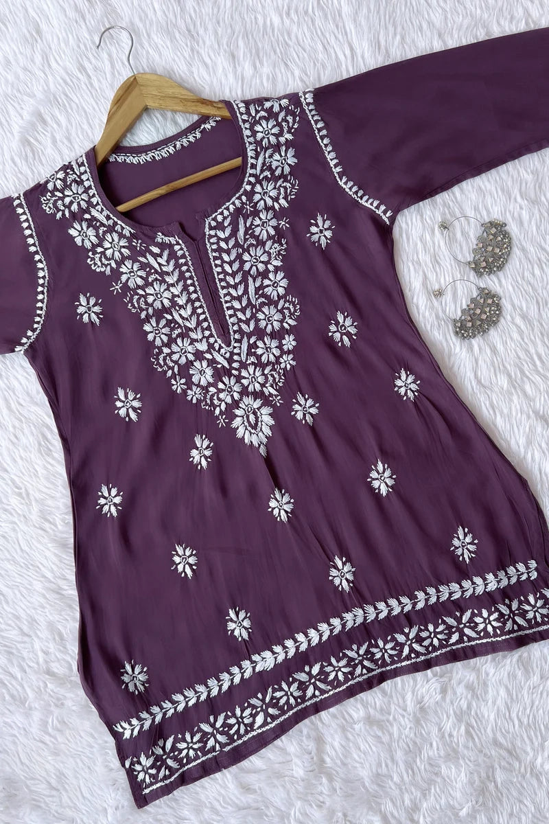 Ezra Mauve Chikankari Rayon Short Kurti