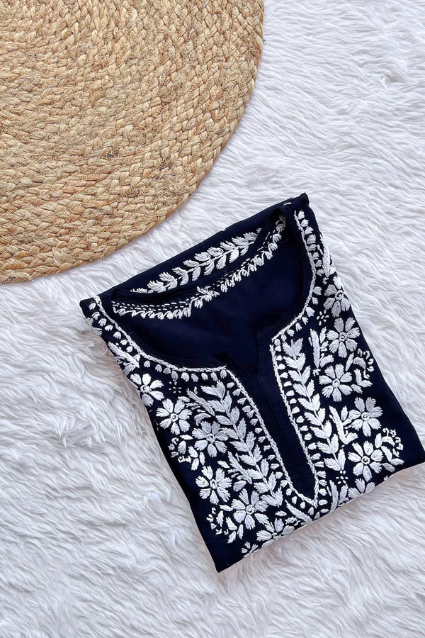 Ezra Navy Blue Chikankari Rayon Short Kurti