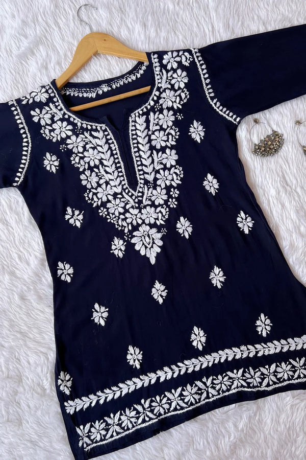 Ezra Navy Blue Chikankari Rayon Short Kurti