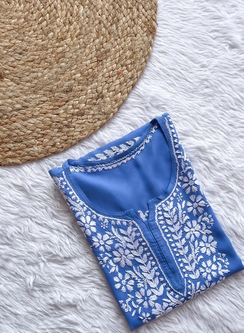 Ezra Powder Blue Chikankari Rayon Short Kurti