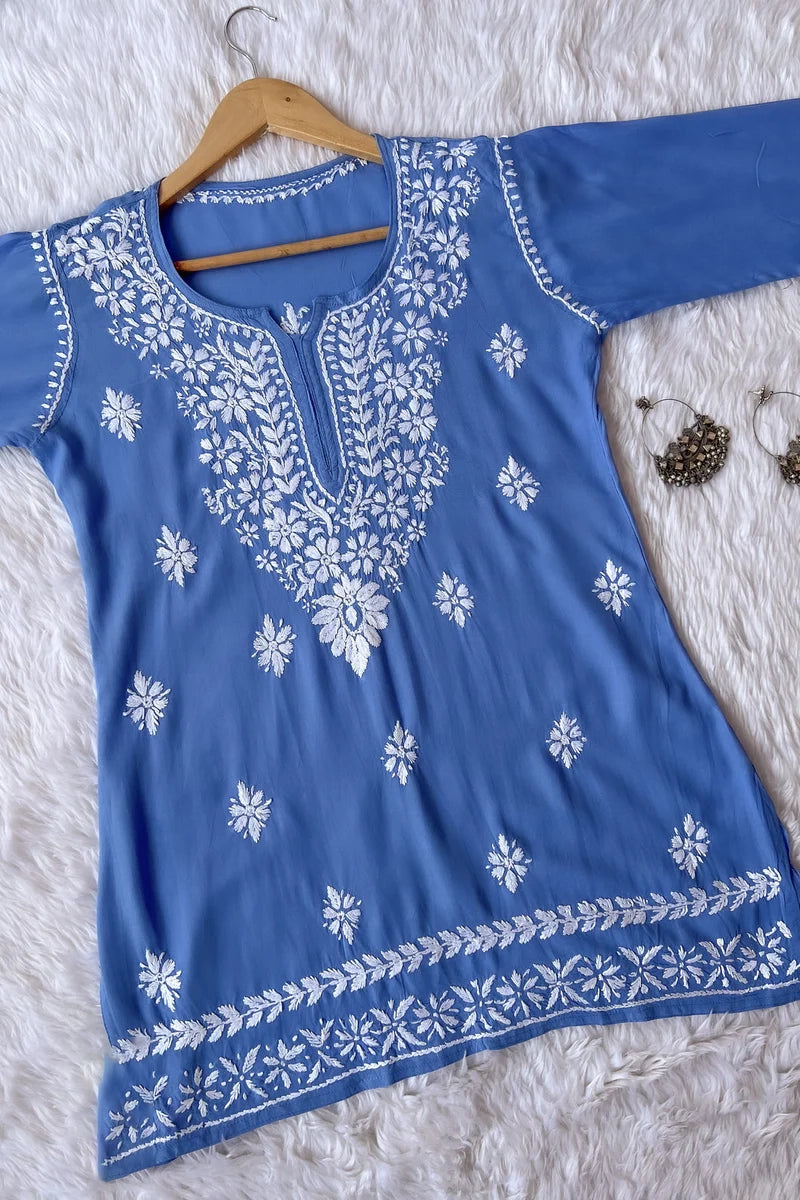 Ezra Powder Blue Chikankari Rayon Short Kurti