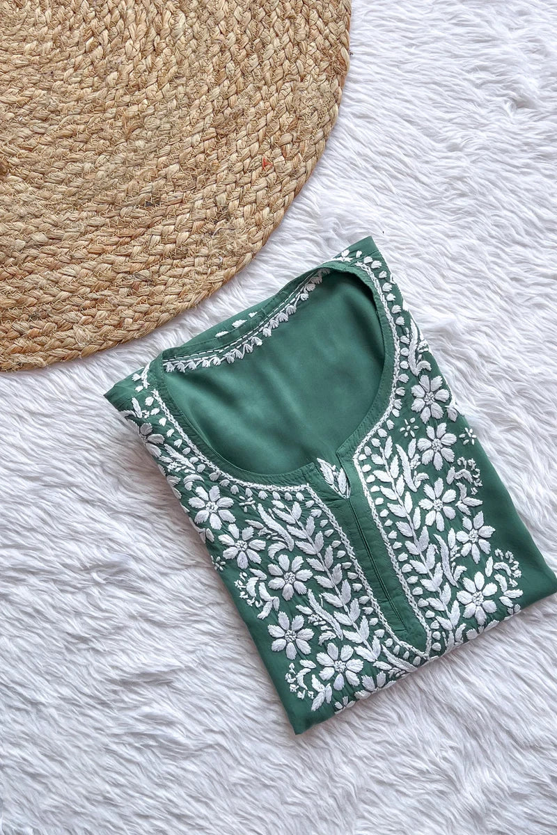 Ezra Spanish Green Chikankari Rayon Short Kurti