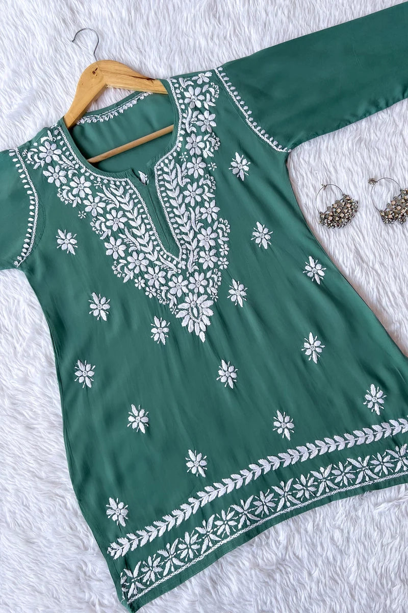 Ezra Spanish Green Chikankari Rayon Short Kurti