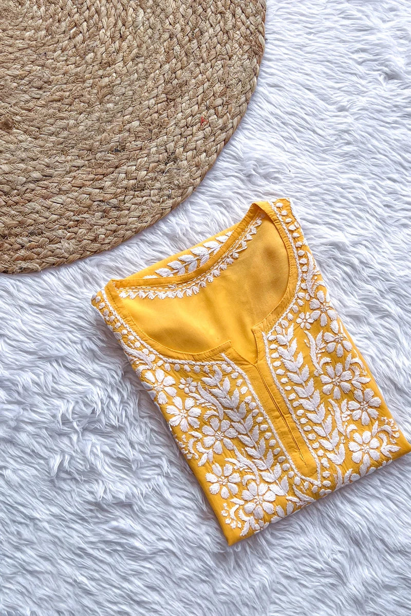 Ezra Yellow Chikankari Rayon Short Kurti