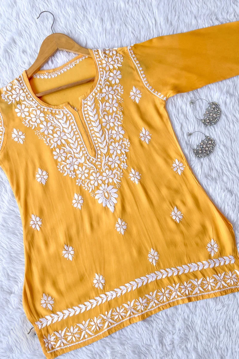 Ezra Yellow Chikankari Rayon Short Kurti