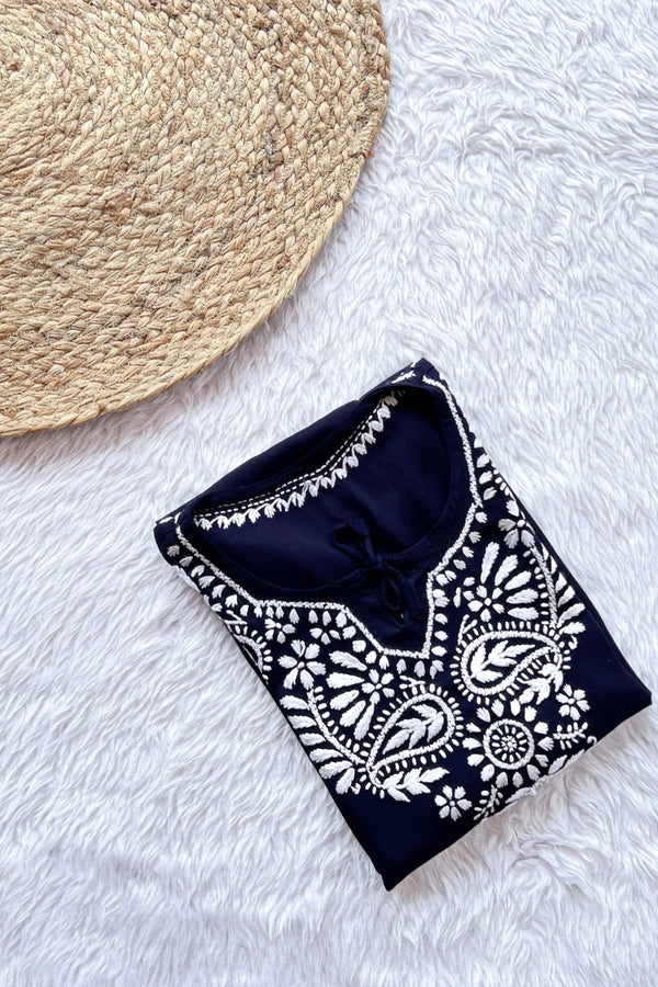 Inara Navy Blue Chikankari Rayon Short Kurti