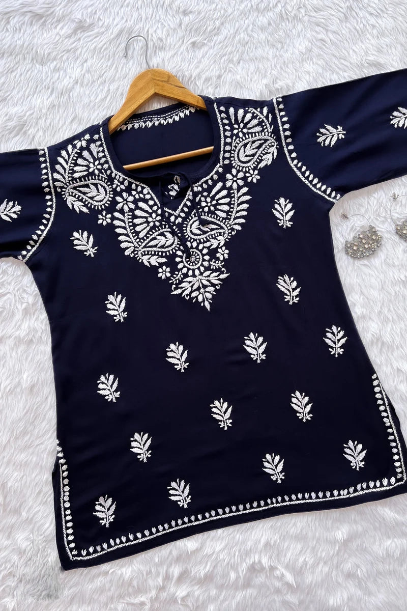 Inara Navy Blue Chikankari Rayon Short Kurti