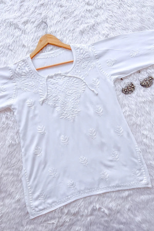 Inara White Chikankari Rayon Short Kurti