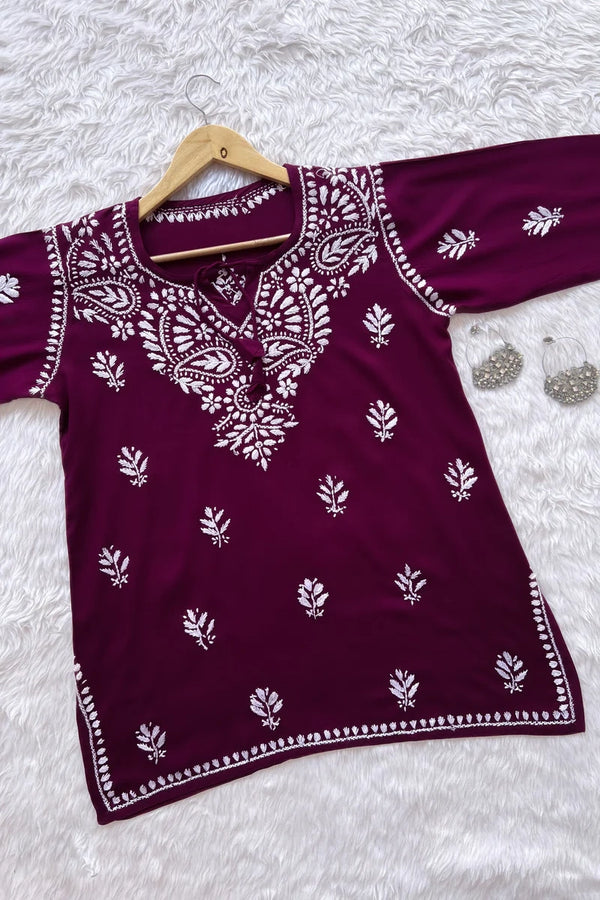 Inara Wine Chikankari Rayon Short Kurti